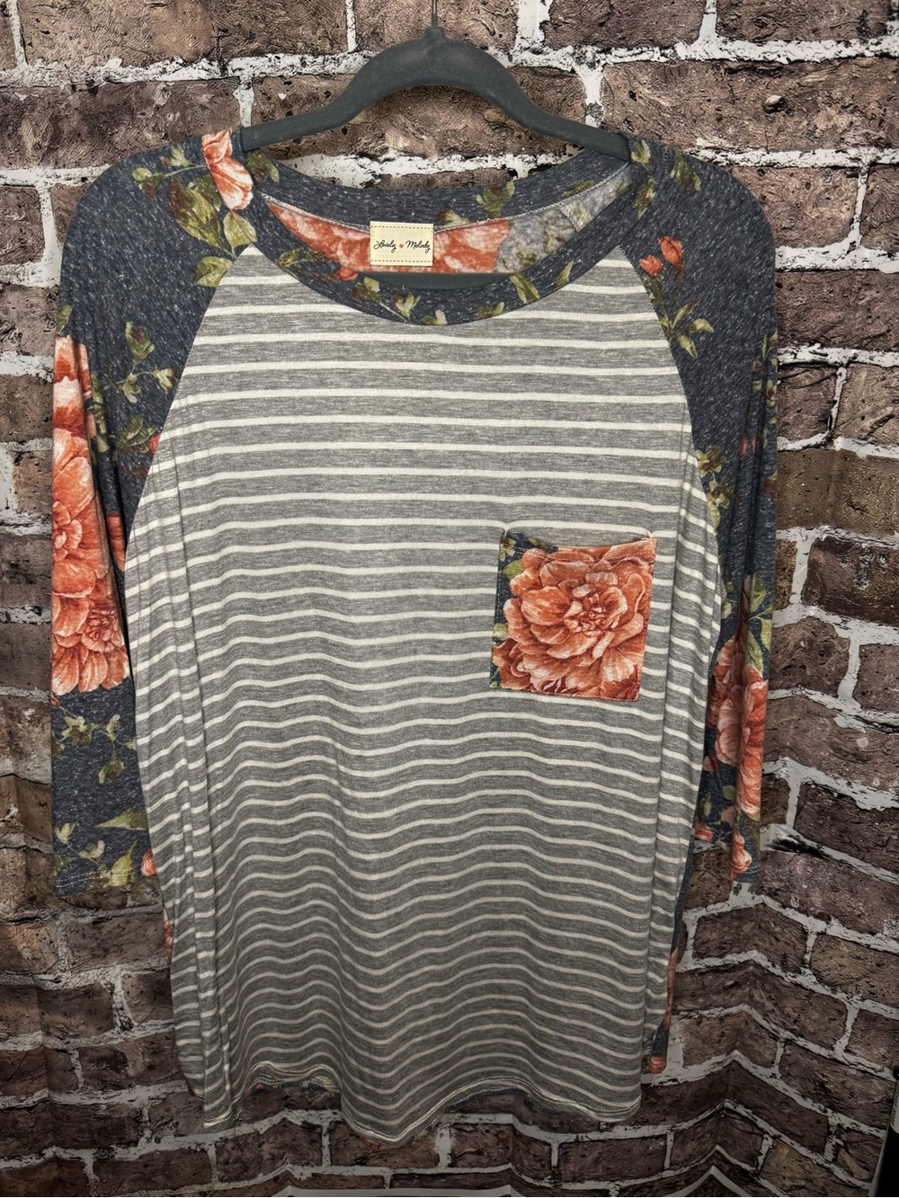 Lovely Melody Gray Stripe Raglan Top with Coral Floral Accents